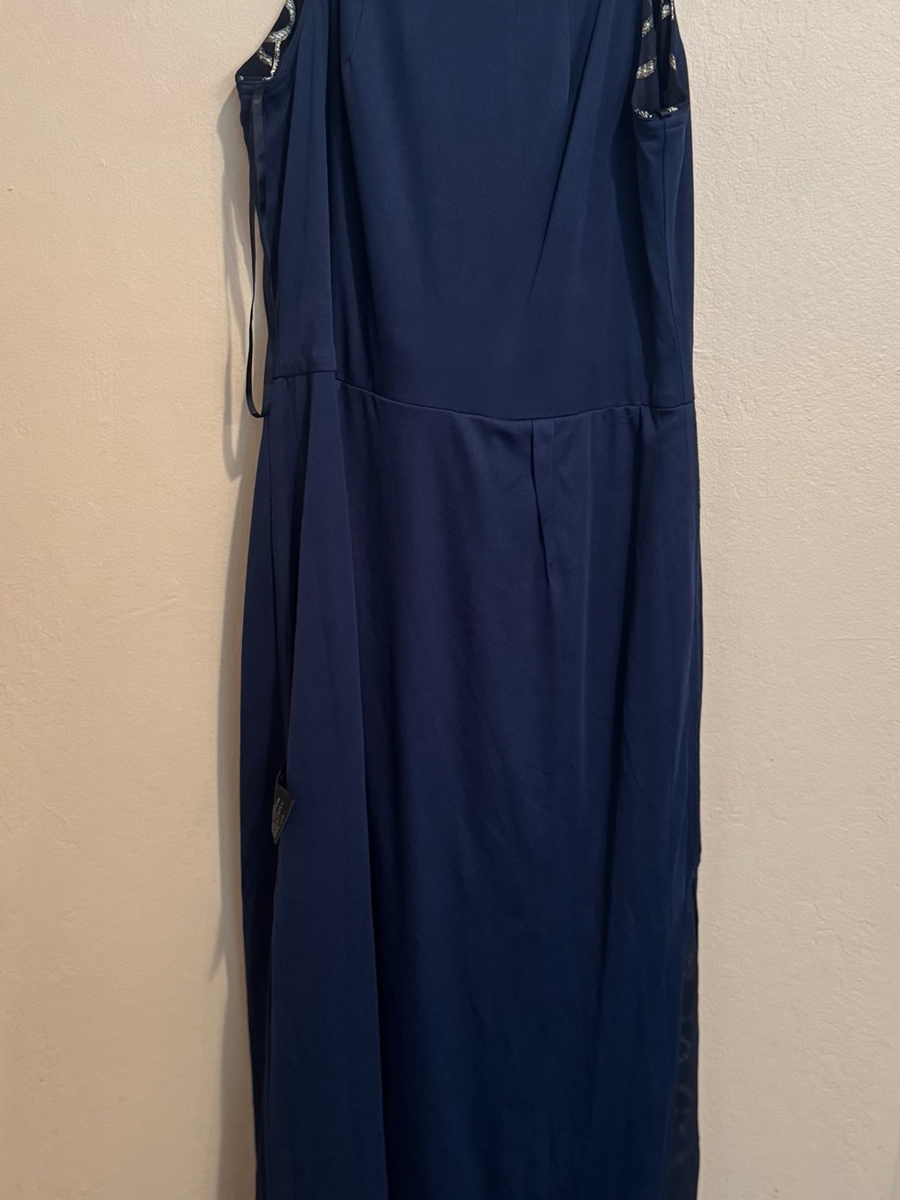 Queen Navy & Gold Metallic Foil Knit Jacquard Gown W/Halter Neck Fitted Waist - Picture 8 of 11
